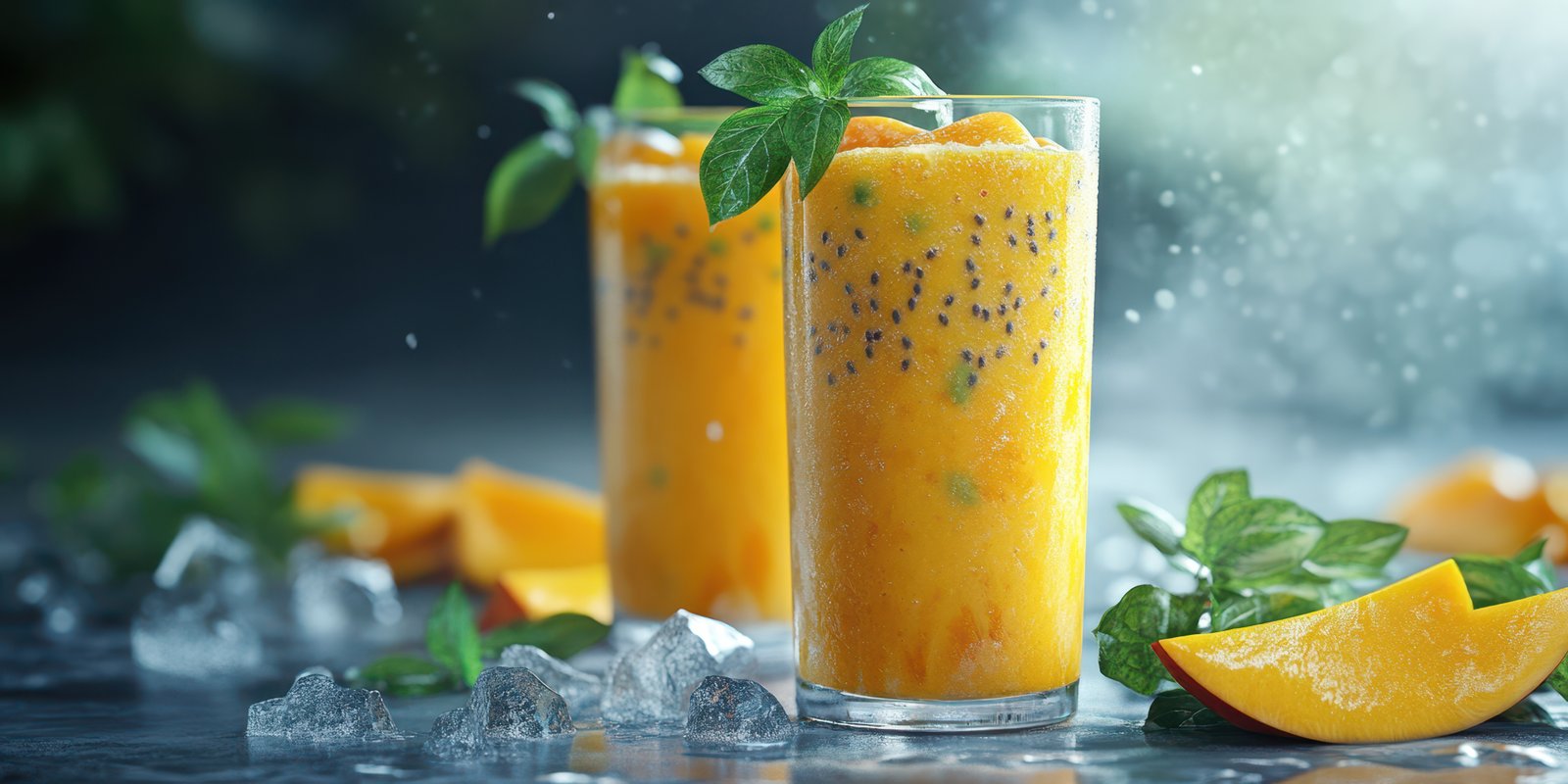 Refreshing mango and passion fruit smoothies served with mint leaves in bright sunlight setting